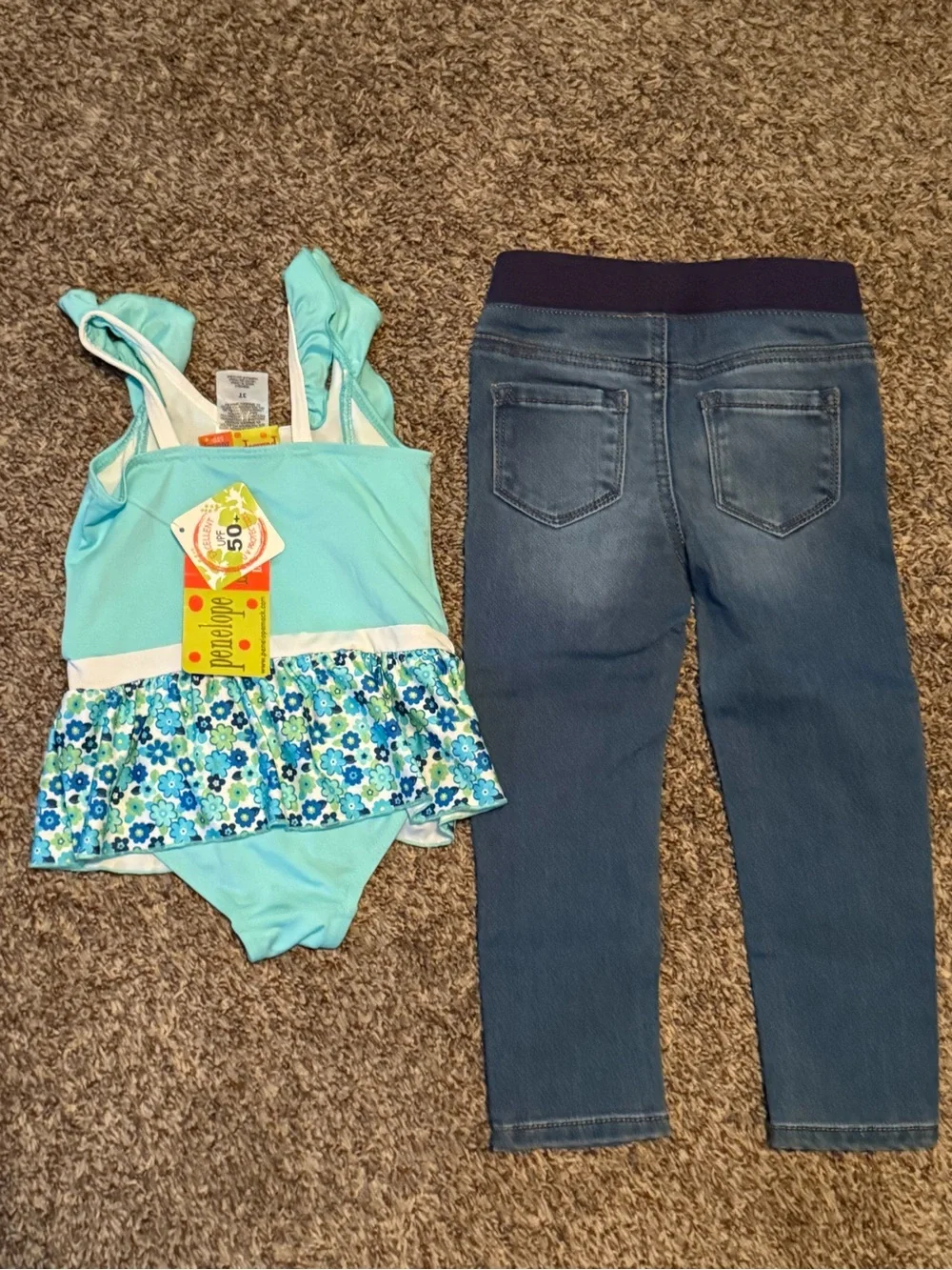 NWT-Girls Aqua Ruffle One-Piece Swimsuit with Floral Skirt 3T and 3T Jeggings